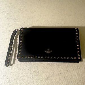 Valentino copy Foldover Large Rockstud
Wristlet Black Leather Clutch